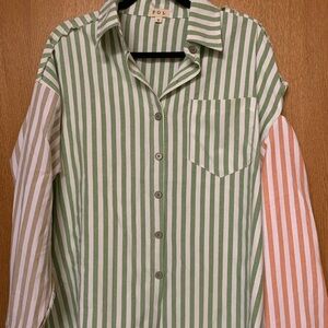 POL Sage and White Striped Blouse